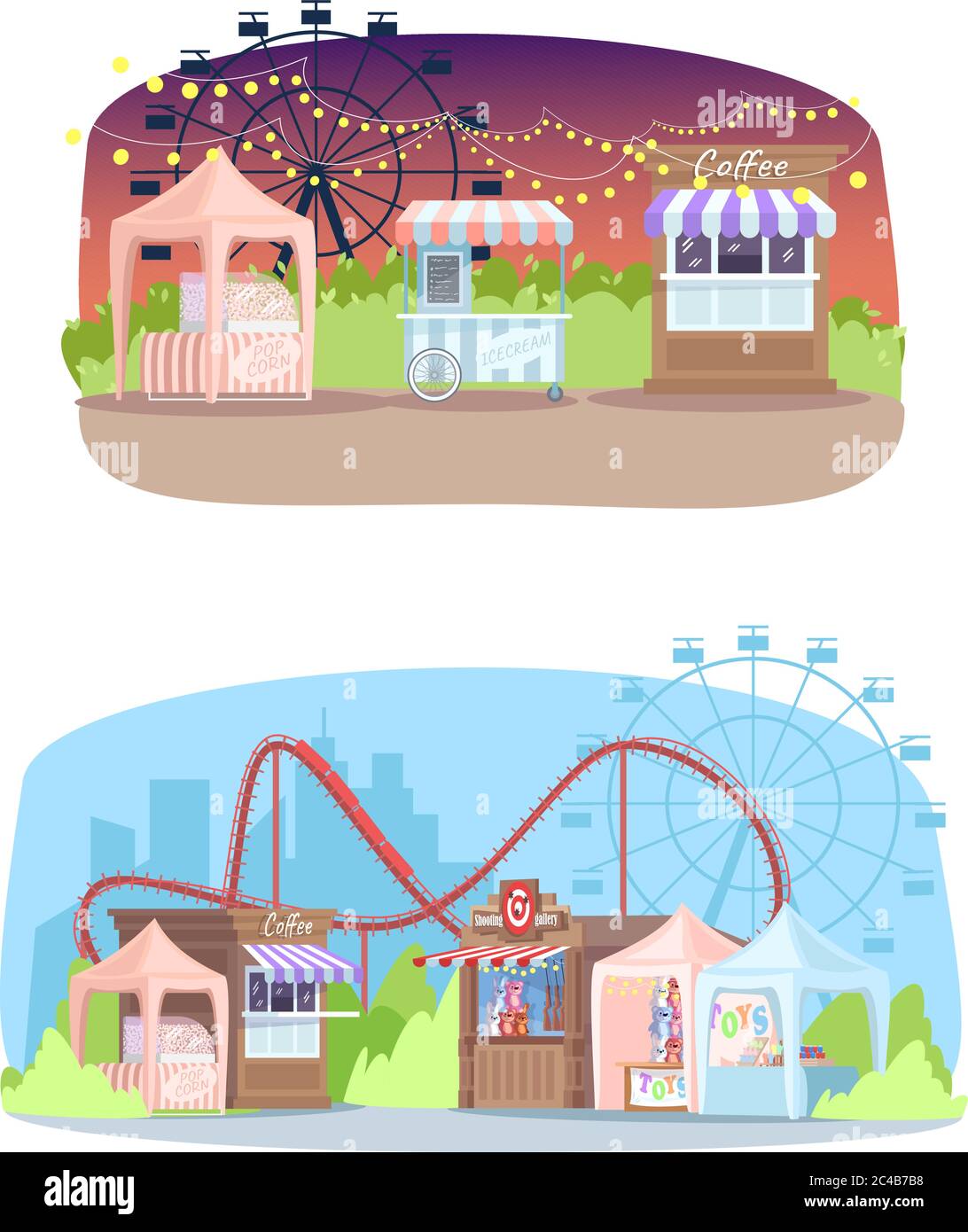 Shopping stalls in amusement park semi flat vector illustrations set Stock Vector