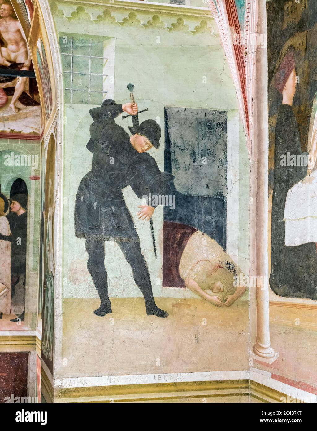 John the Baptist is beheaded, fresco by Masolino da Panicale, 1435, Gothic, Baptistery Collegiata dei Santi Stefano e Lorenzo, Castiglione Olona Stock Photo