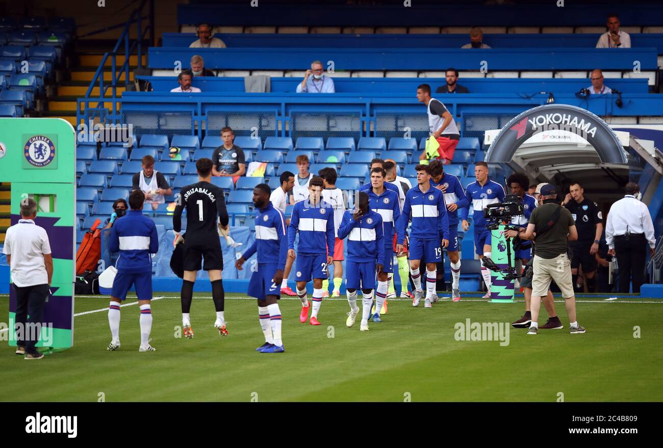 Chelsea walk out of the tunnel before the Premier League match at Stamford Bridge, London. Stock Photo