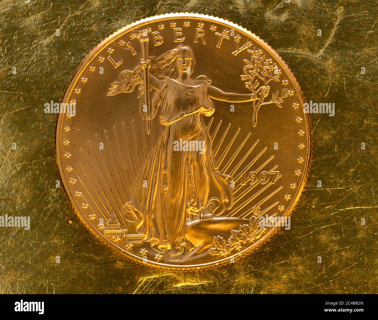 Gold coin, 1 oz ,American Gold Eagle, obverse Lady Liberty Stock Photo