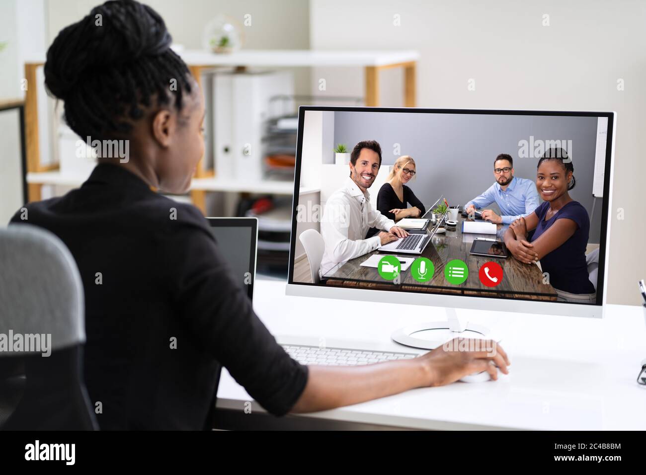 Conference Call On Computer African Woman Video Conference Business Call On Computer Screen Stock ...