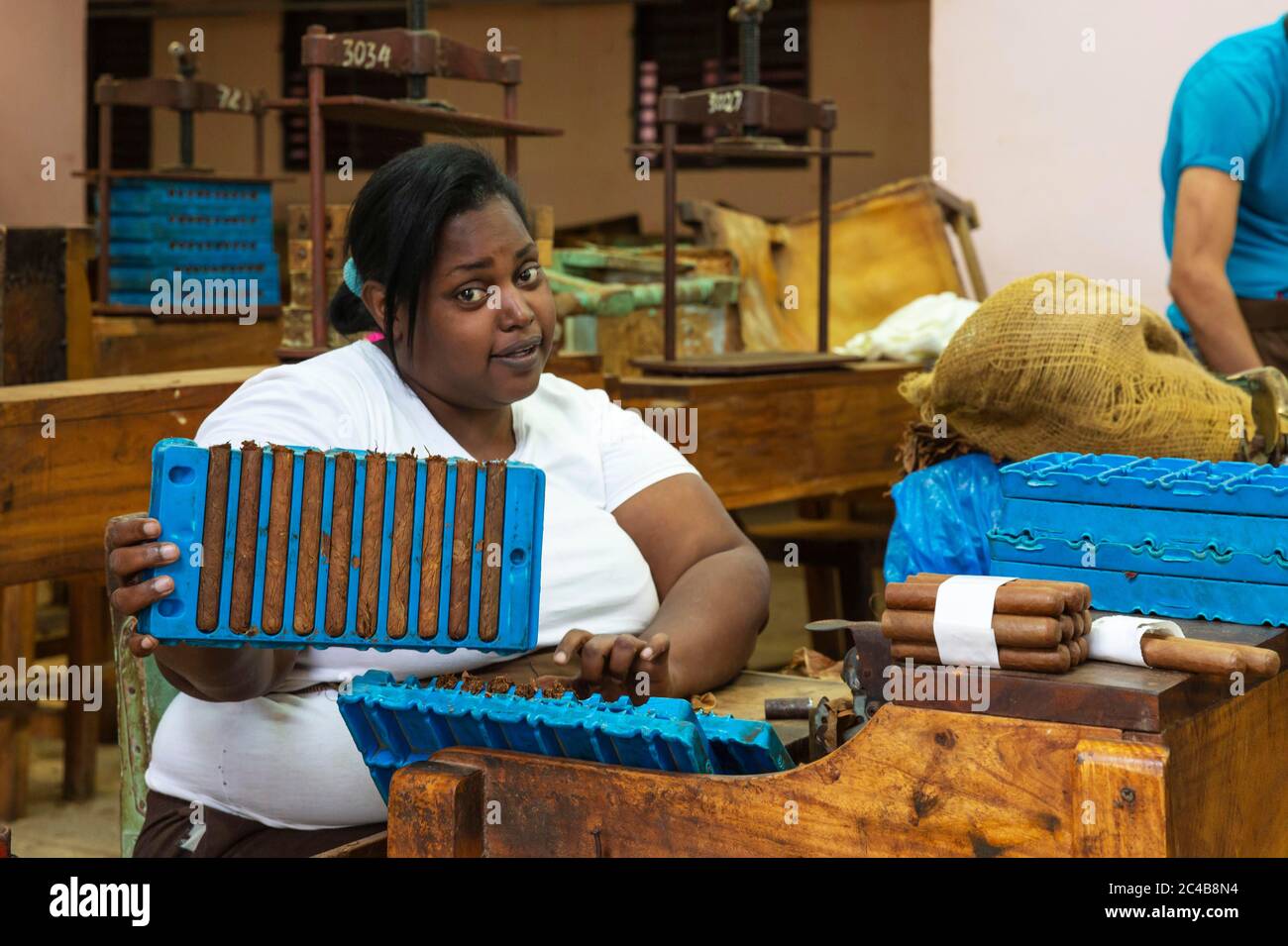 Worker shows cigars, cigar factory in Remedios, Cuba Stock Photo