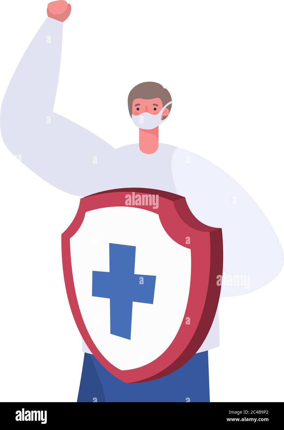 Man with mask and shield with cross design of Fight covid 19 virus and ...