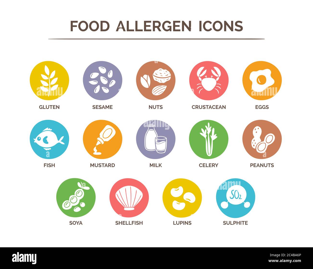 Food safety allergy icons set. 14 food ingredients that must be