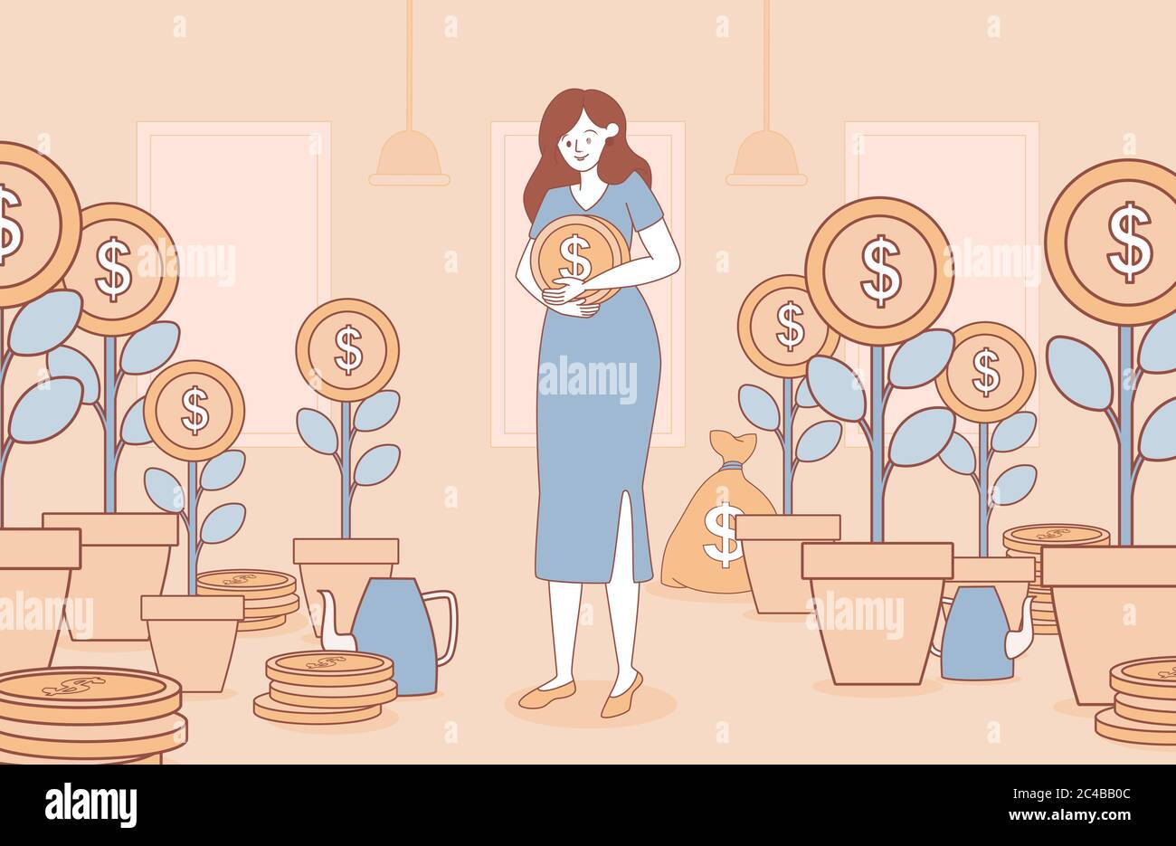 Woman holding the gold coin and money coin trees vector cartoon outline illustration. Business concept for investment. Profit and income, economy and finance, financial success, and growth. Stock Vector
