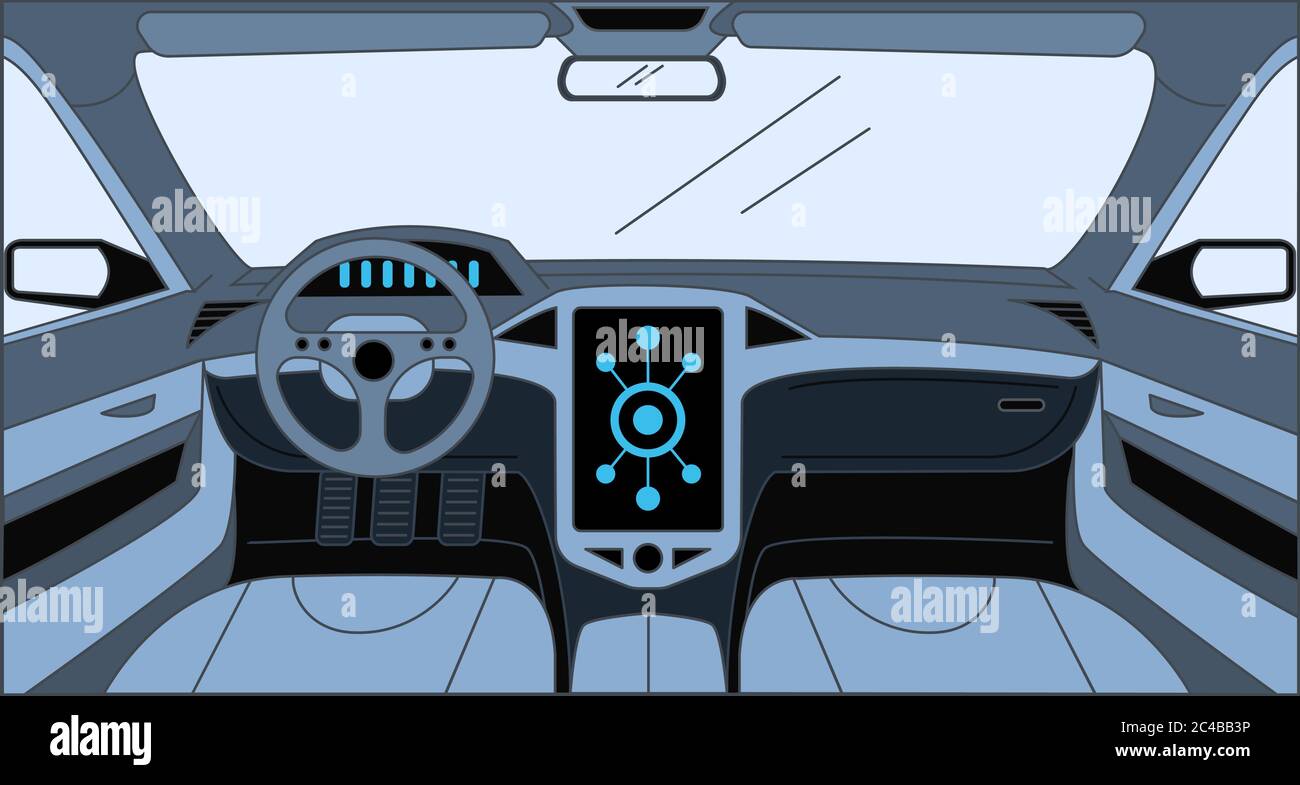 Car interior vector cartoon outline illustration. Driver view with big  sensor system, rudder, dashboard, and front panel. Interior of the  automobile, vehicle background, design inside the car concept Stock Vector  Image &