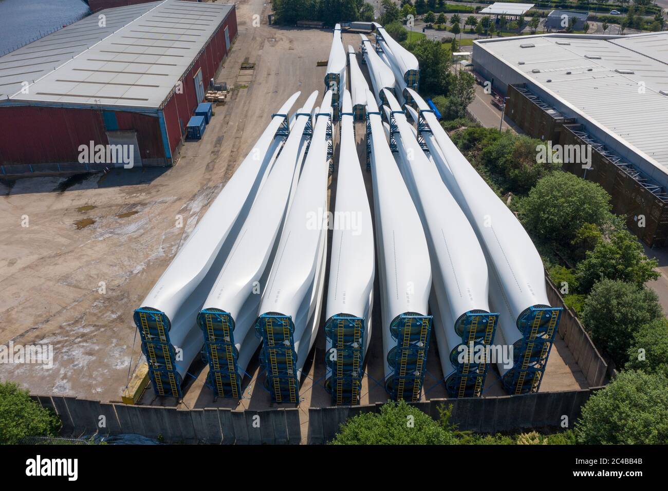 Aerial view of large wind turbine blades stored at King George V dock in Glasgow, Scotland, UK Stock Photo