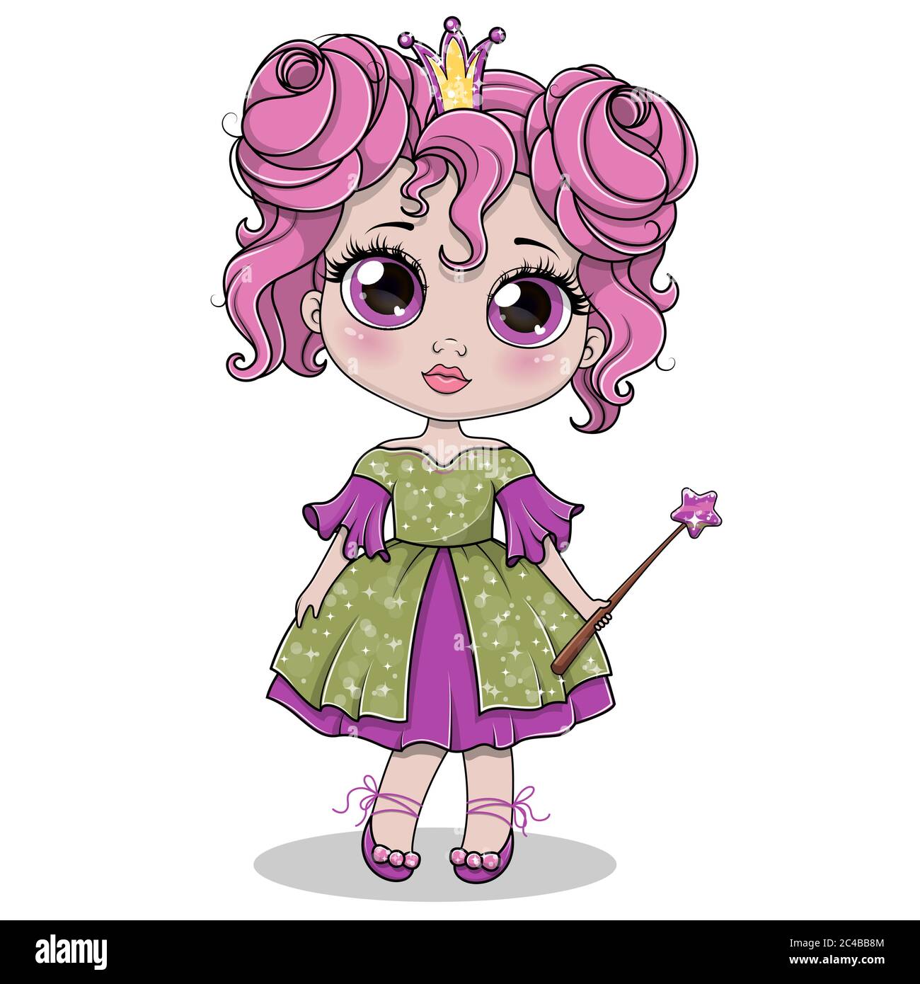 Pretty fairy in glittering dress and crown with magic wand. Greeting card. Vector illustration. Stock Vector