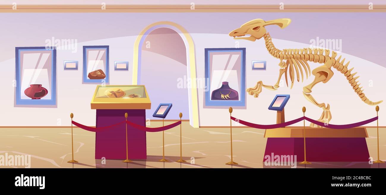 Historical museum interior with dinosaur skeleton and archeological exhibits. Vector cartoon illustration of exhibition of paleontology and archeology, prehistoric animals and ancient artefacts Stock Vector