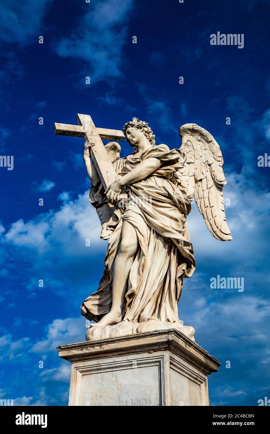 Angel with the cross on the Ponte Sant'Angelo over the Tiber, at the ...