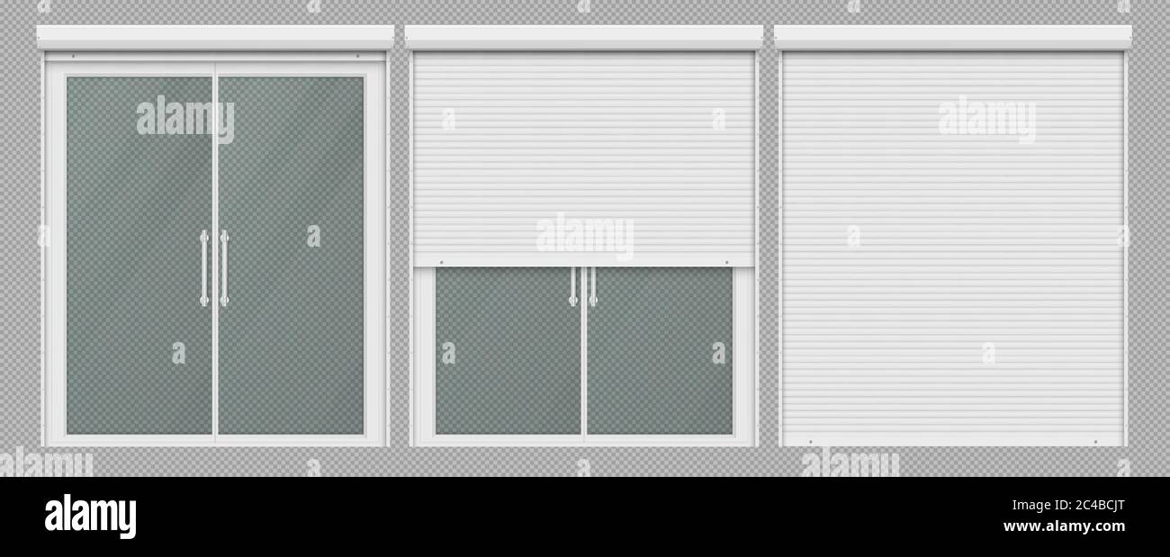 Window with roller shutter up and close. Plastic pvc double casement blinds. Opened and shut front view. Home facade design elements isolated on transparent background realistic 3d vector illustration Stock Vector