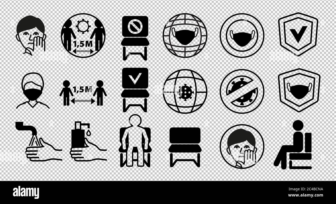 Line black icons on transparent background. Keep distance 1.5 meters. Put on mask. Keep distance between people. Do not sit here. Sit here. Stock Vector