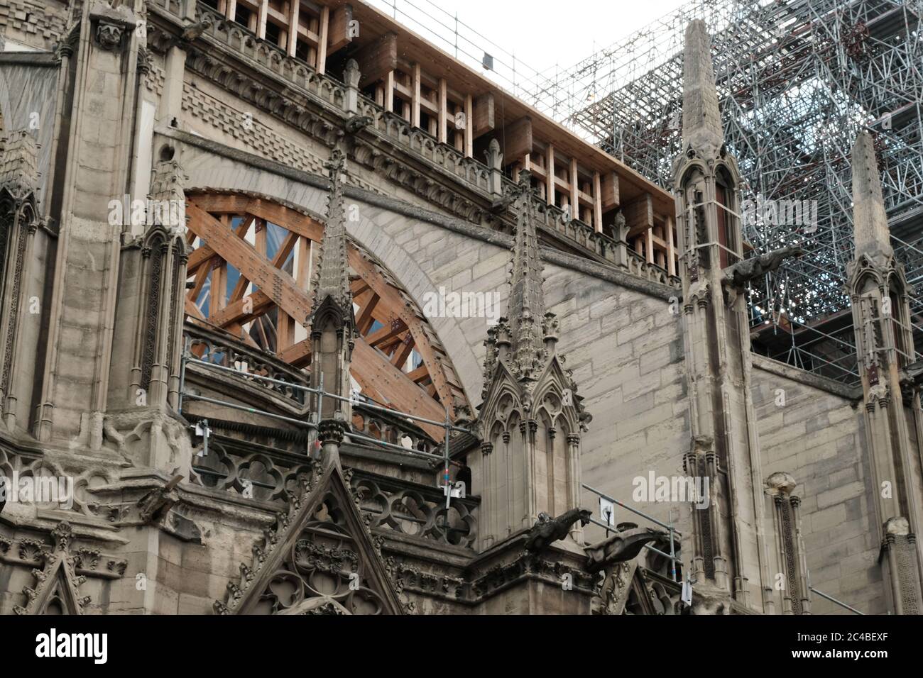 Notre-Dame de Paris a year after its fire. The restoration work made it possible to consolidate the building. The central scaffolding is still in plac Stock Photo