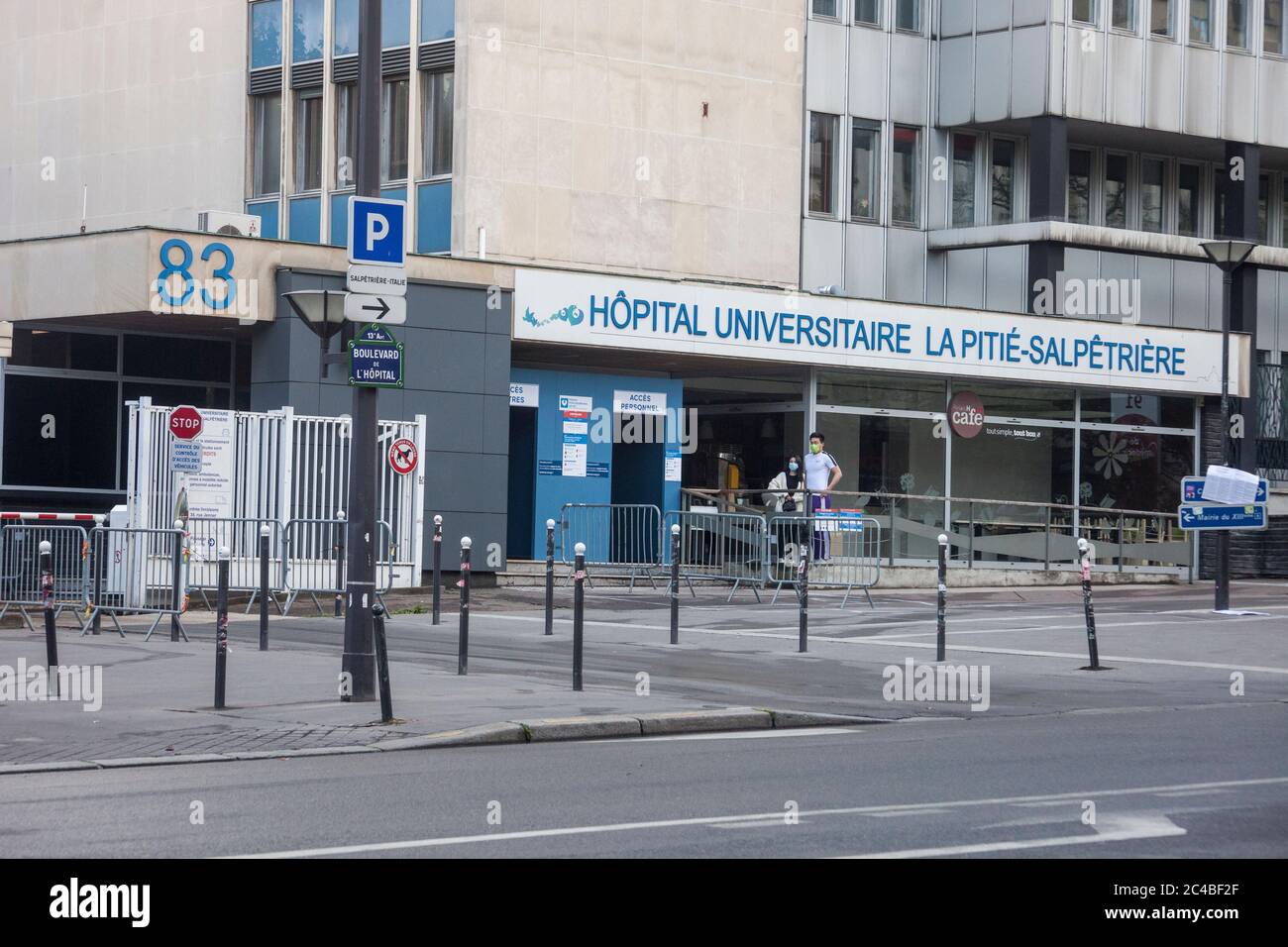 Entrance to the La Pitié-Salpêtrère University Hospital in Paris 75013 during the sanitary crisis linked to the coronavirus in April 2020. Stock Photo