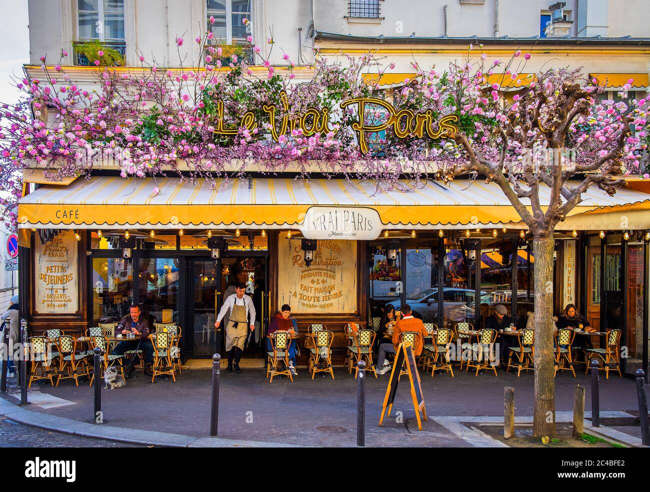 Paris, France, Feb 2020, view of the terrace of “Le Vrai Paris” restaurant in the heart of Montmartre Stock Photo
