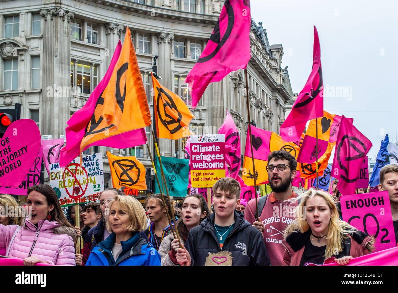 LONDON/ENGLAND – FEBRUARY 22 2020: Extinction Rebellion protesters during the February 2020 March along with Parents 4 Future Stock Photo