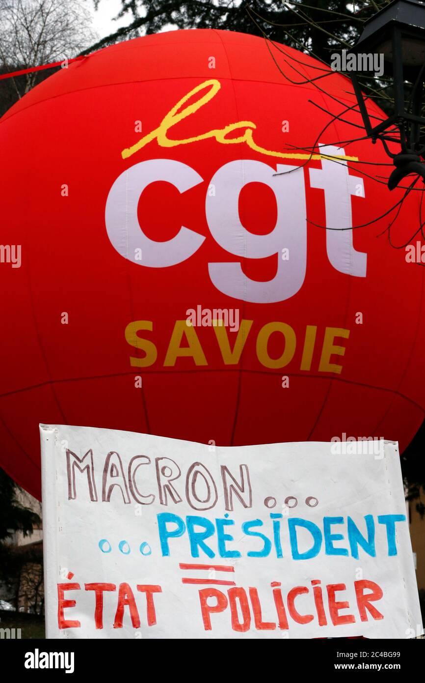 Street demonstration against pension reform and french pre'sident emmanuel macron Stock Photo