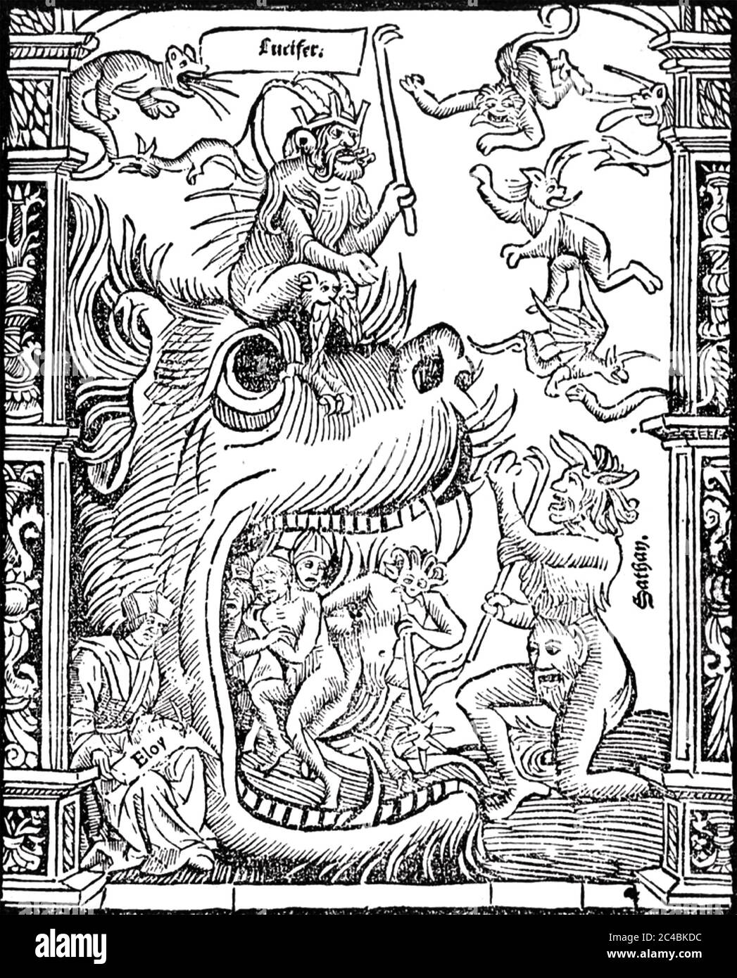 WELCOME TO HELL Lucifer at top and Satan in a Medieval German woodcut Stock Photo