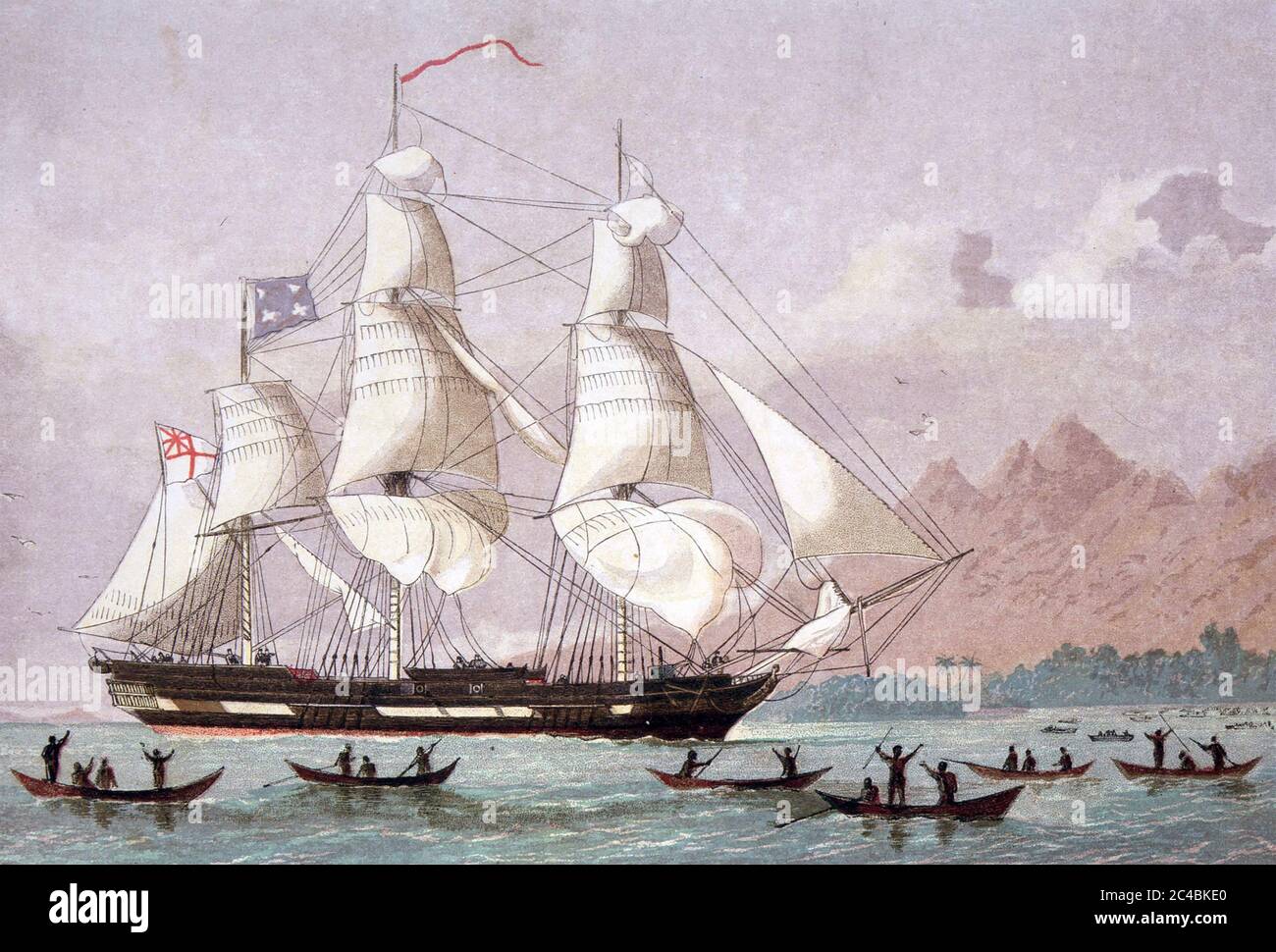 MISSIONARY SHIP 'DUFF' arriving at Otaheite in the south Pacific in 1797 Stock Photo