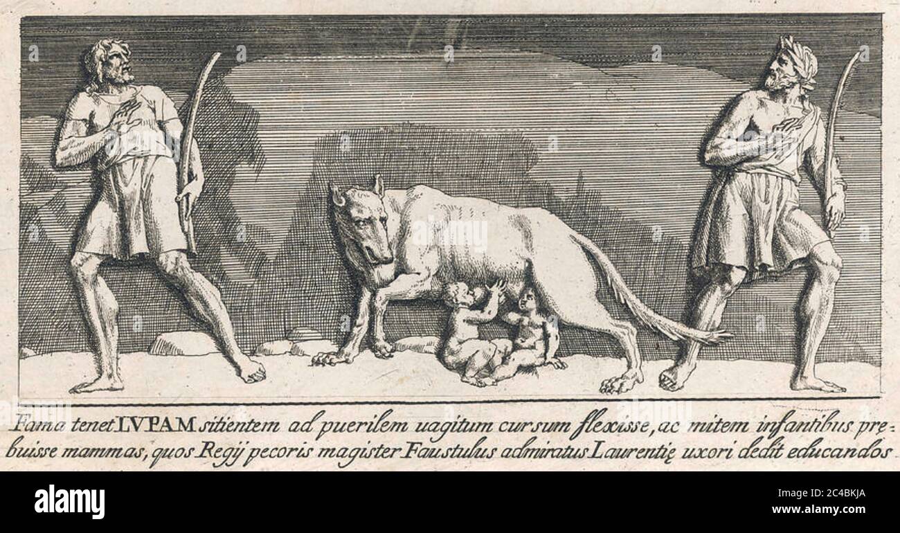 ROMULUS AND REMUS are suckled by a wolf in an 18th century engraving Stock Photo
