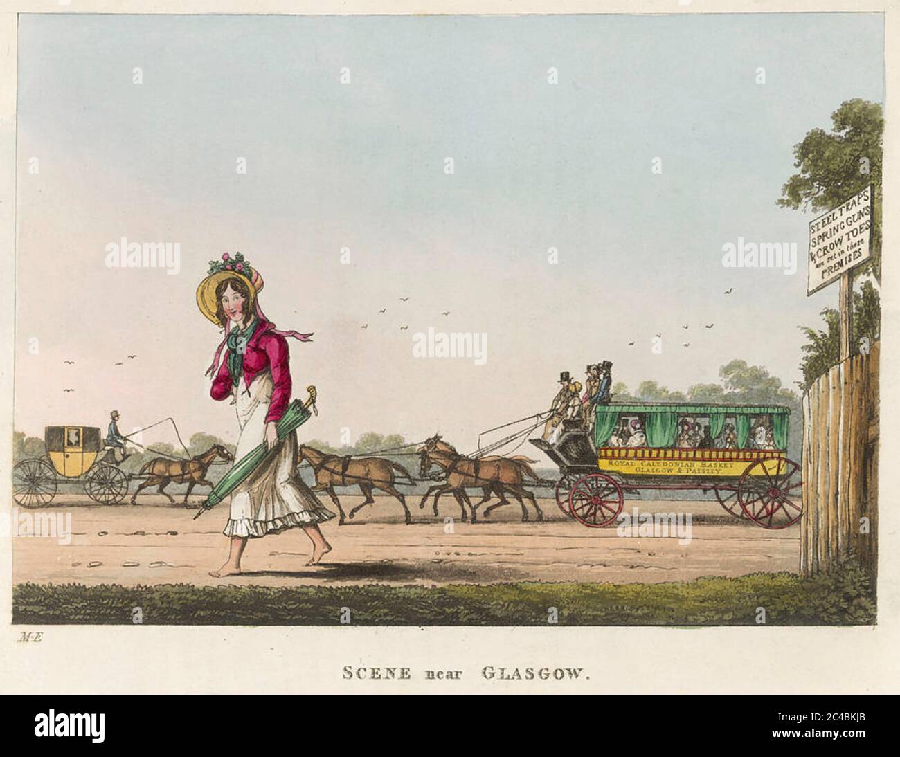 ROYAL CALEDONIAN BASKET stagecoach operating between Glasgow and Paisley in an 1825 engraving. The notice on the fence at right is a warning against trespassers. Oddly, the lady walker is barefoot. Stock Photo