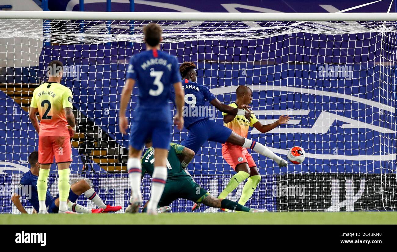 Manchester City's Fernandinho hand balls the on the line to give away a penalty and earn himself a red card during the Premier League match at Stamford Bridge, London. Stock Photo