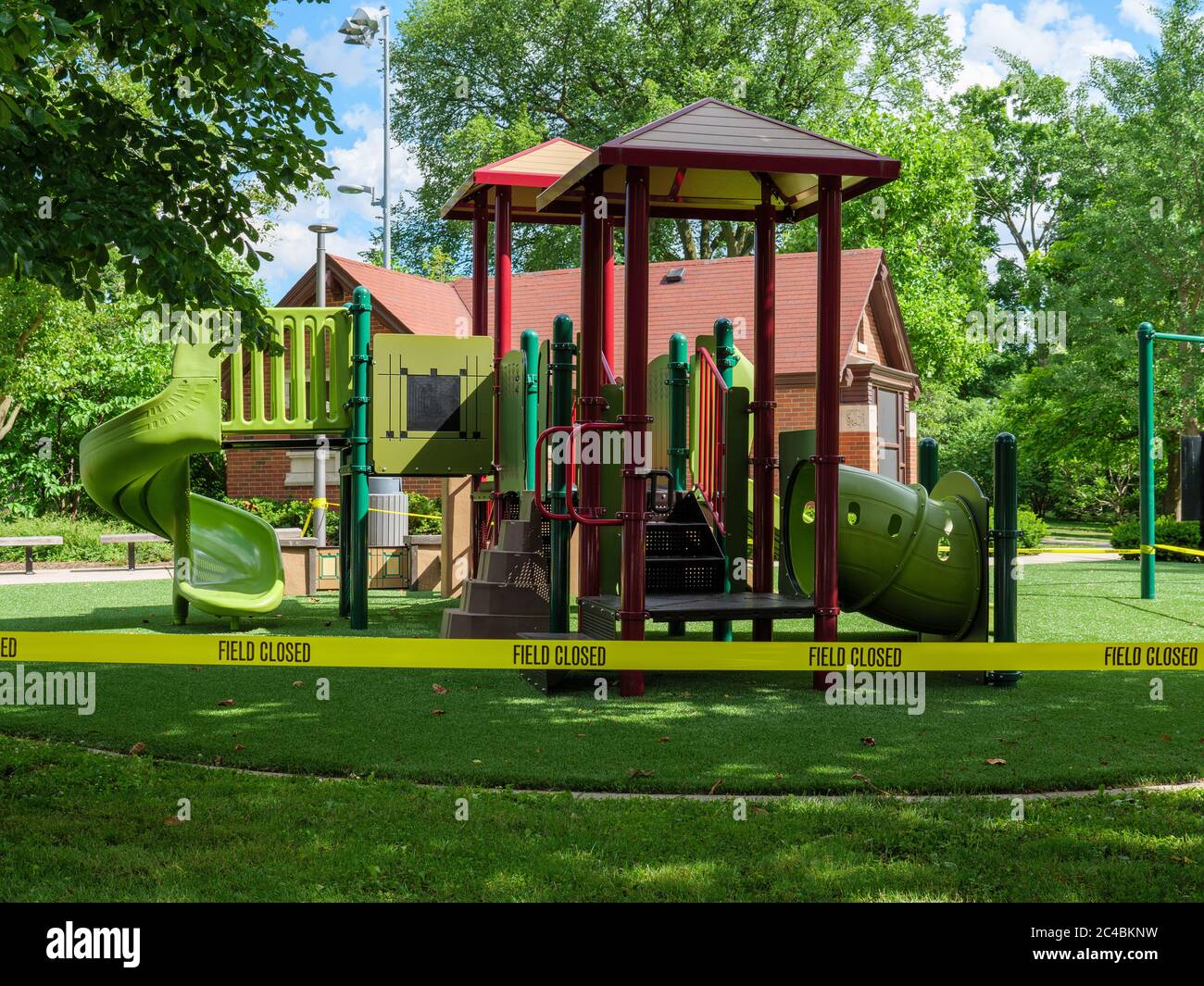Playground taped off due to COVID-19. Oak Park, Illinois. Stock Photo