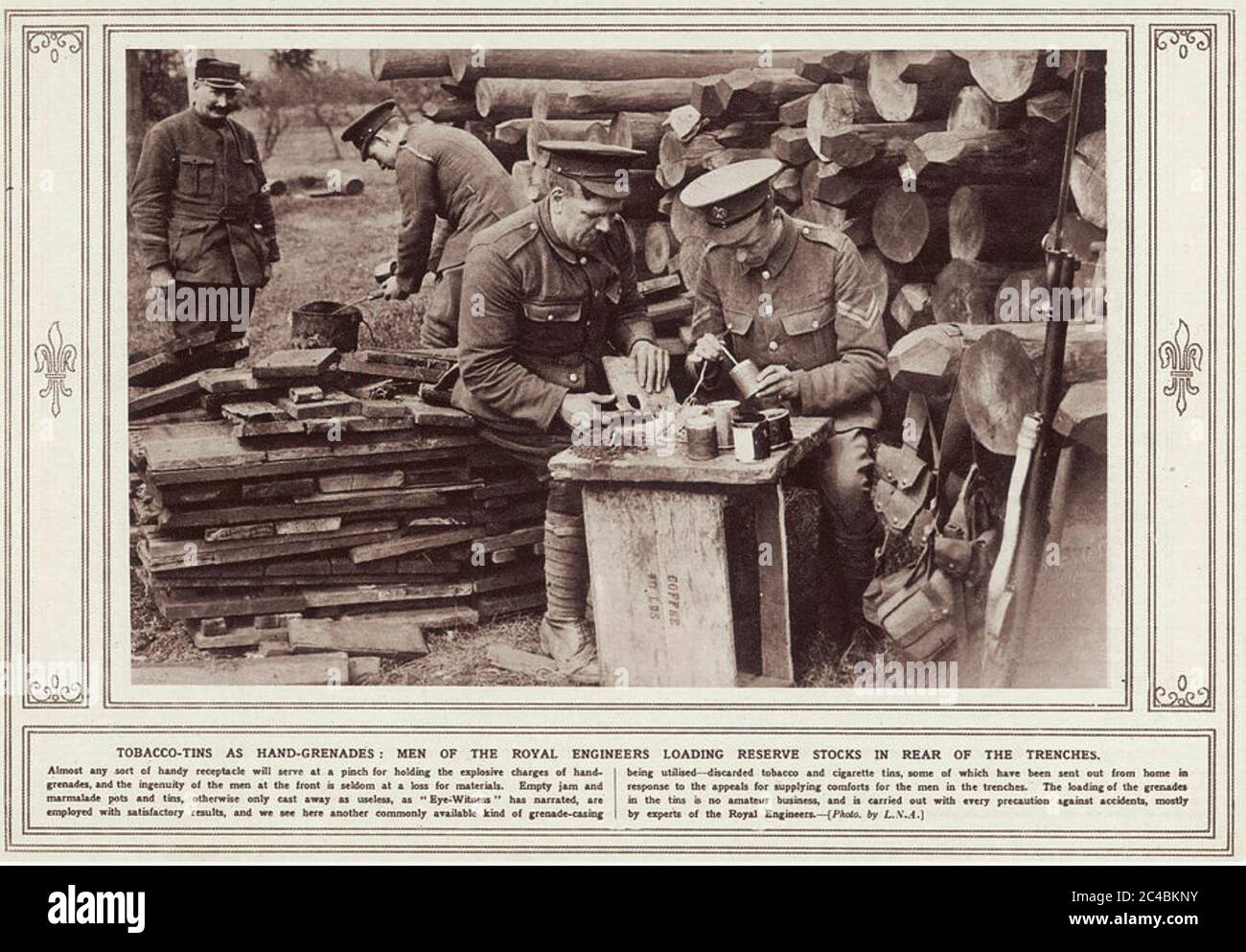 ROYAL ENGINEERS making improvised grenades using old tobacco tins during WW1 Stock Photo