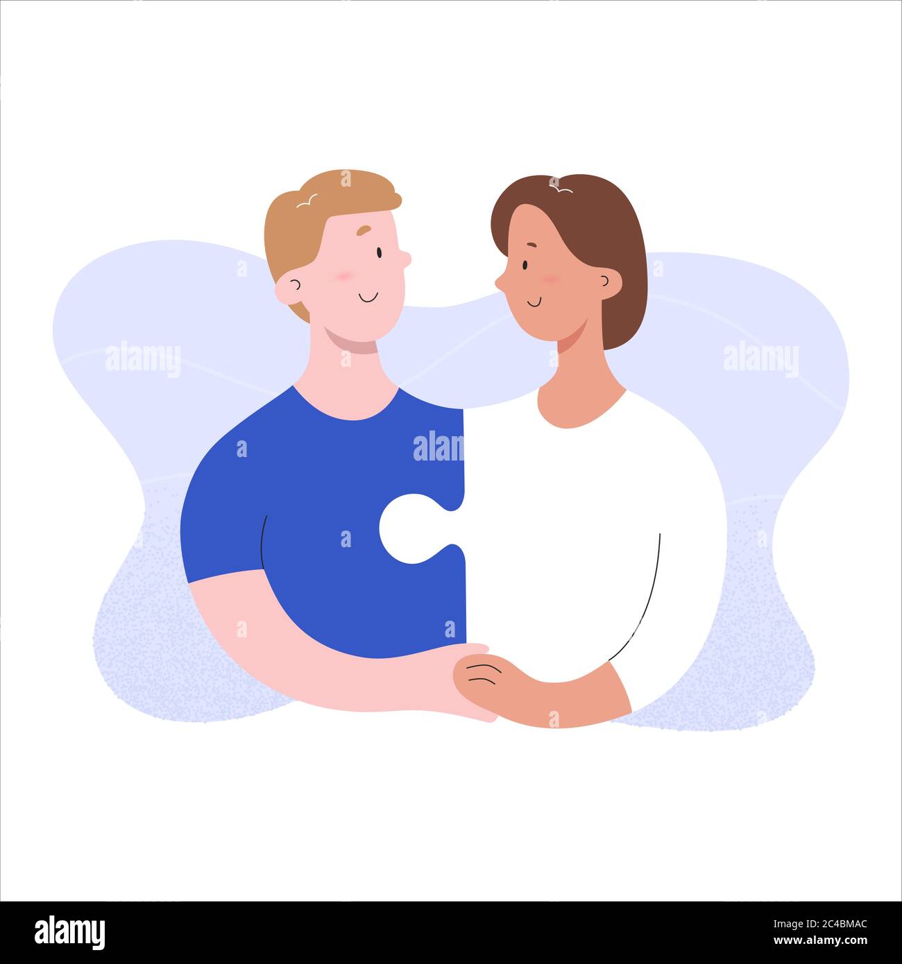 Couple match concept, two jigsaw puzzle pieces, romantic relationship, boyfriend and girlfriend hug holding hands, vector characters, romance and love Stock Vector