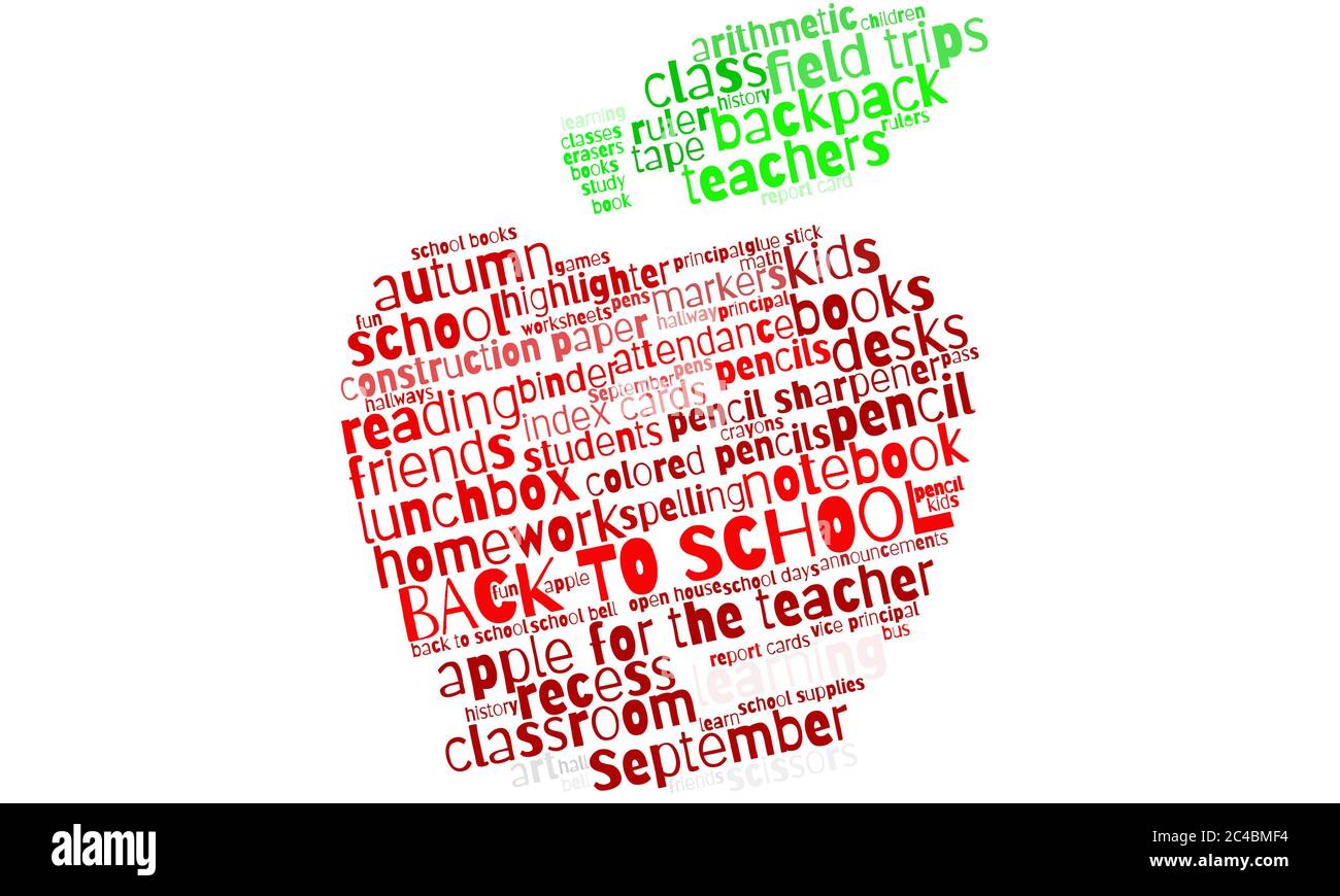 'Back to School' tag cloud in the shape of an apple for background graphic Stock Photo