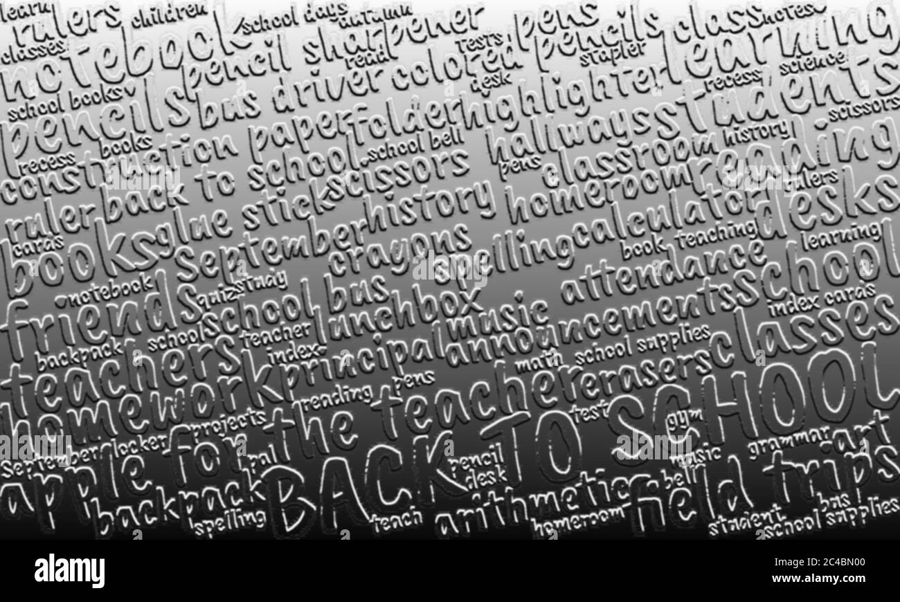Silver metallic word cloud, tag cloud, with 3D bas relief typography on the subject of 'Back to School' Stock Photo