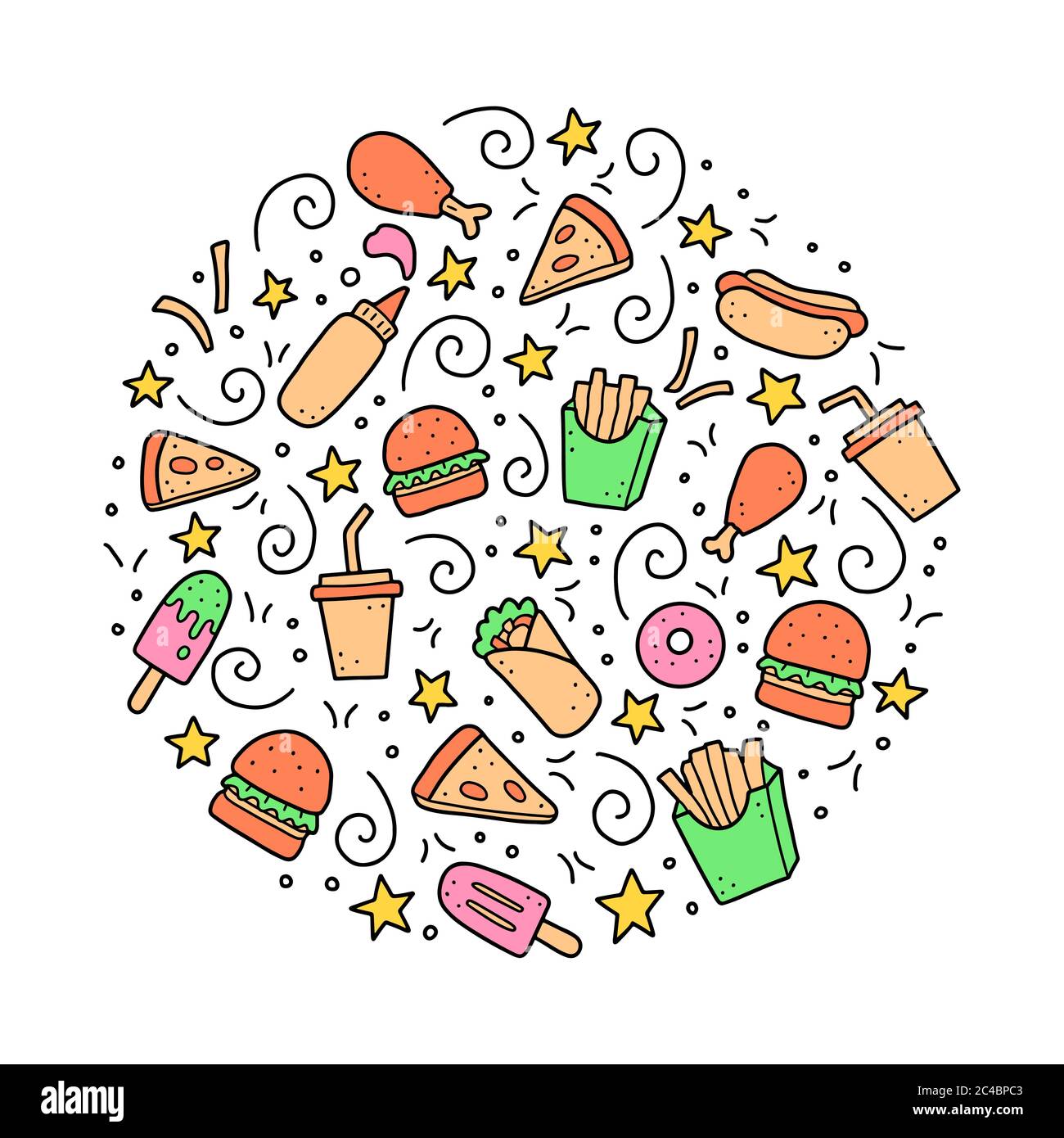 Hand drawn set of fast food elements, burger, pizza, sandwich ...