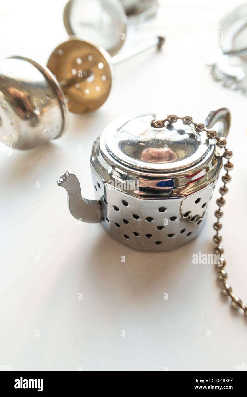 Various types of tea infusers, USA Stock Photo