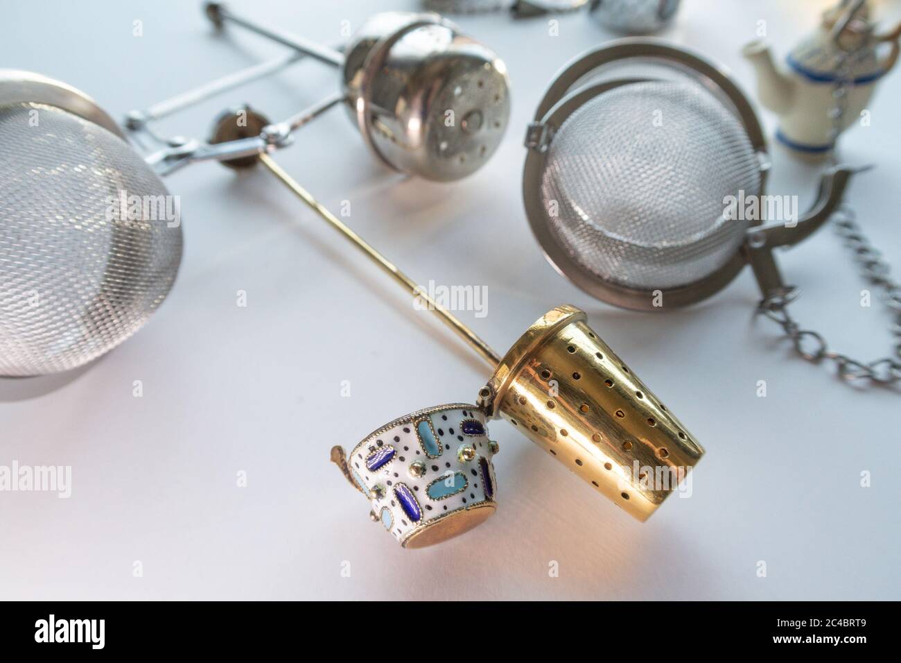 Various types of tea infusers, USA Stock Photo Alamy