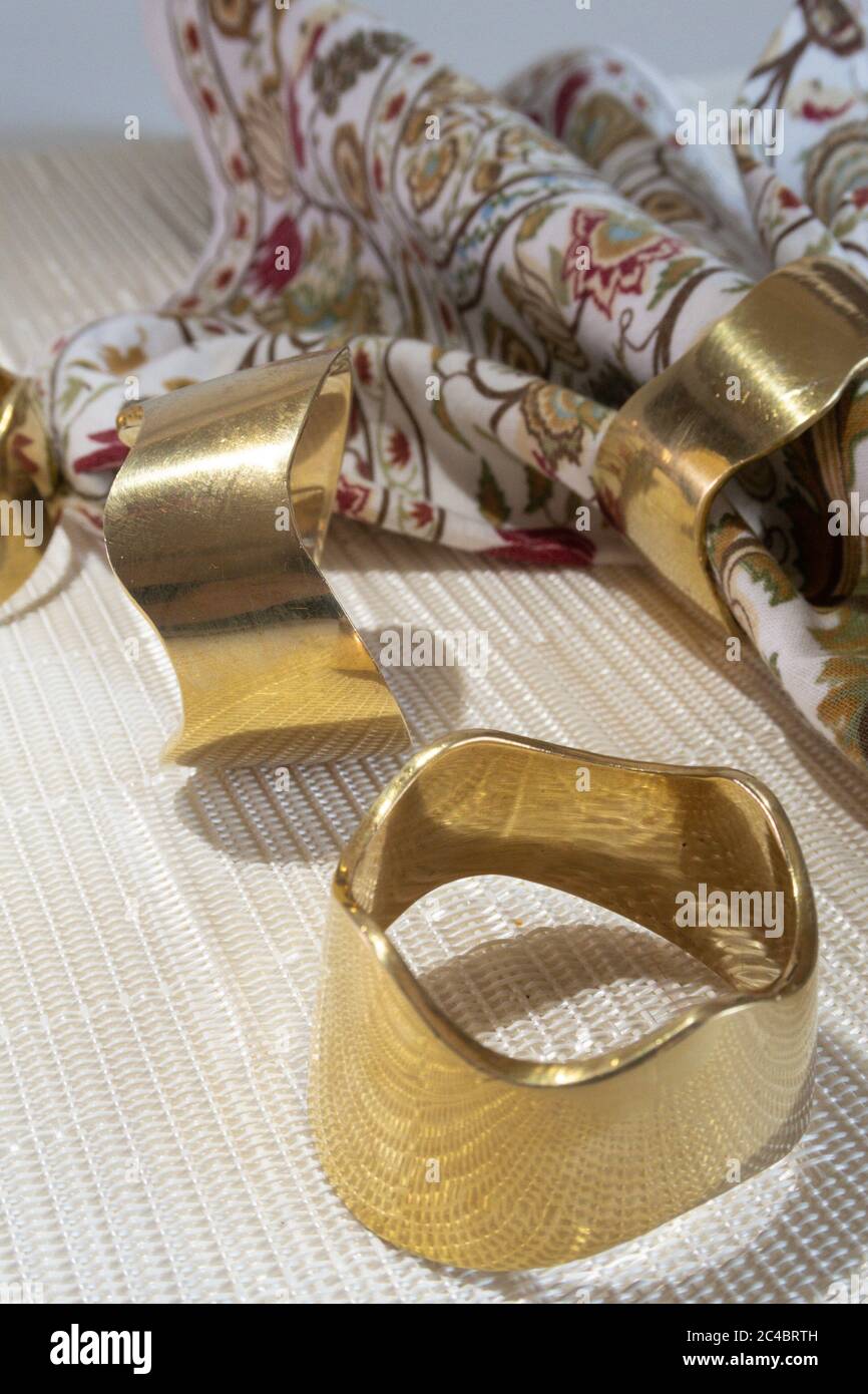 Solid brass napkin rings, USA Stock Photo