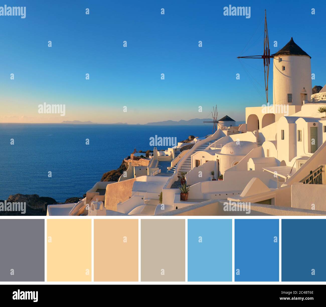 Color matching palette from image of raditional whitewashed windmills and  architecture in Oia village, Santorini island, Greece on a bright sunset  wit Stock Photo - Alamy