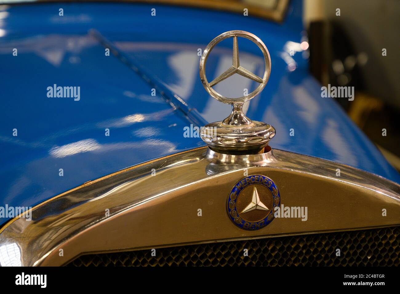 The front of a vintage Mercedes-Benz vehicle. Bratislava Transport Museum. Bratislava, Slovakia. 2020/6/12. Stock Photo