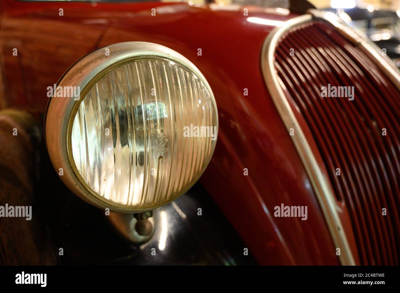 The front of a vintage FIAT vehicle. Bratislava Transport Museum. Bratislava, Slovakia. 2020/6/12. Stock Photo