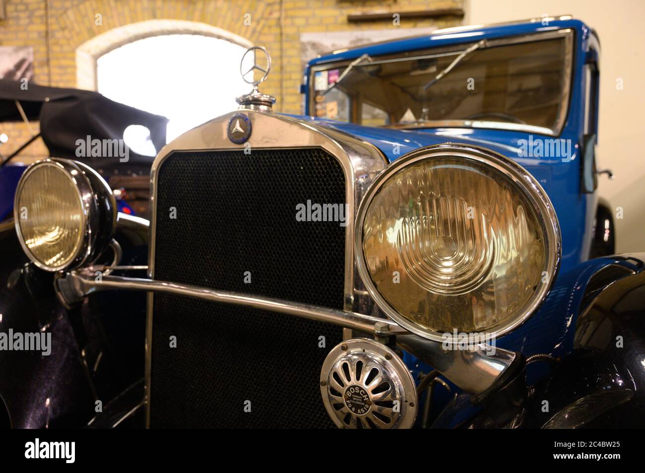 The front of a vintage Mercedes-Benz vehicle. Bratislava Transport Museum. Bratislava, Slovakia. 2020/6/12. Stock Photo