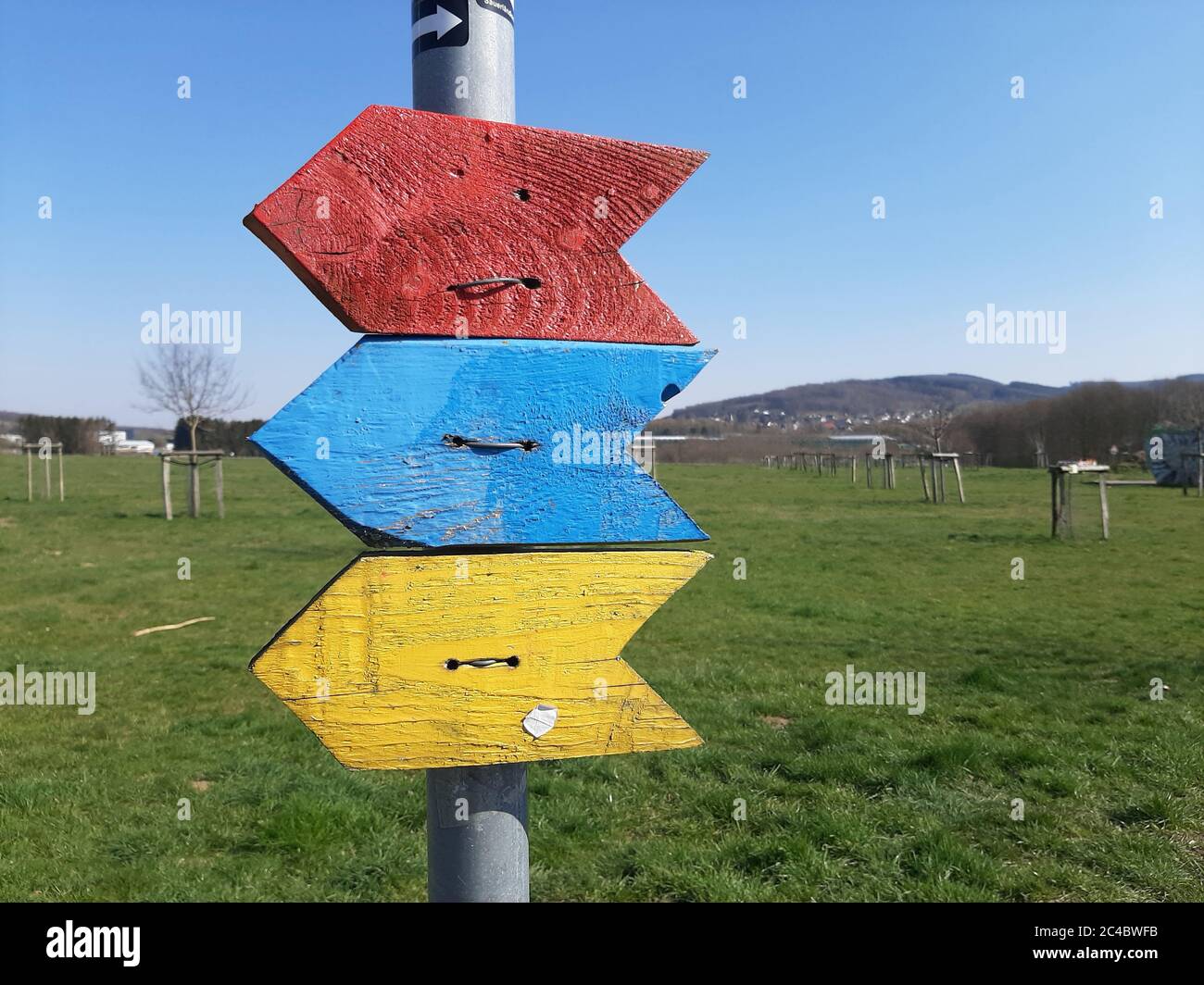 colourful signpost in a recreational area, Germany Stock Photo