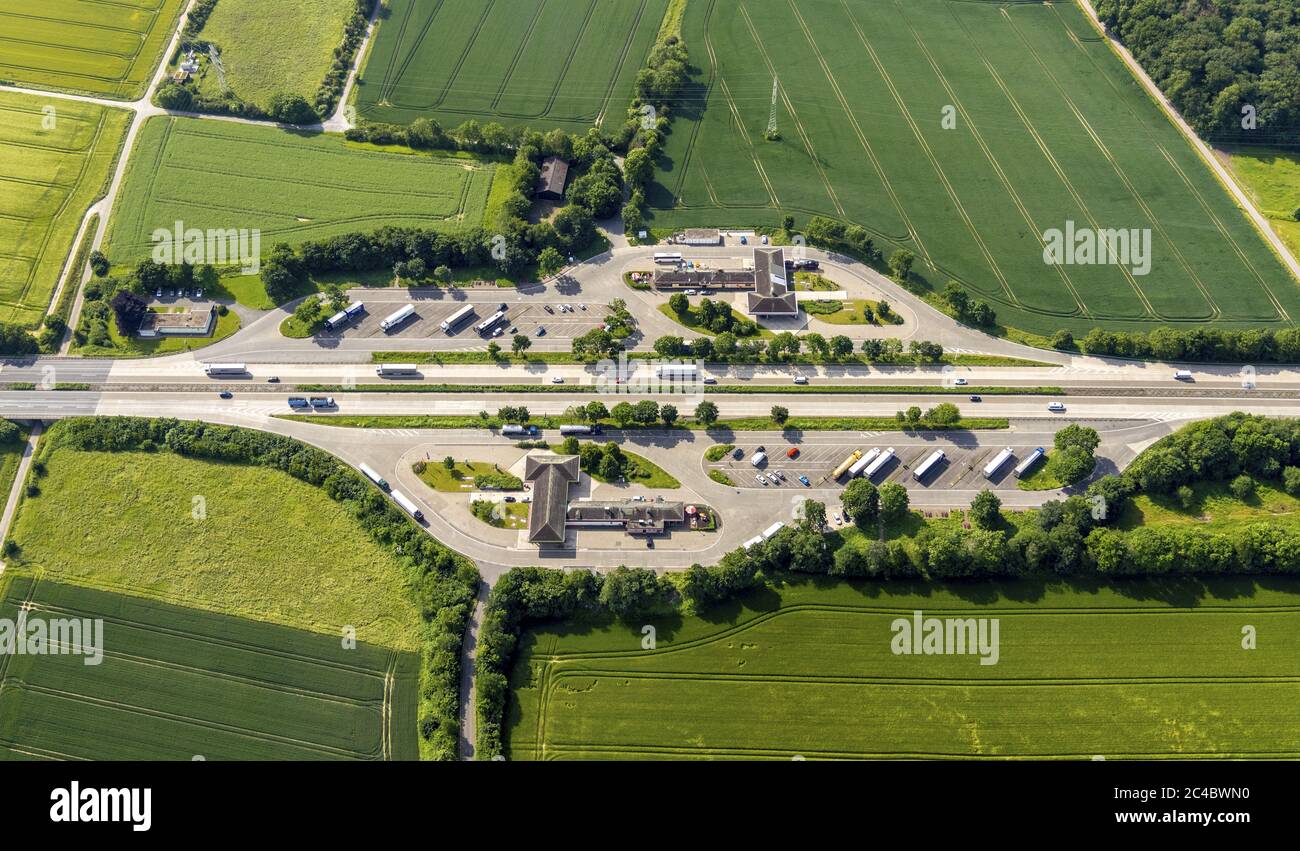 motorway A 44 with service area Soester Boerde Sued, 06.07.2019, aerial view, Germany, North Rhine-Westphalia, Soest Stock Photo