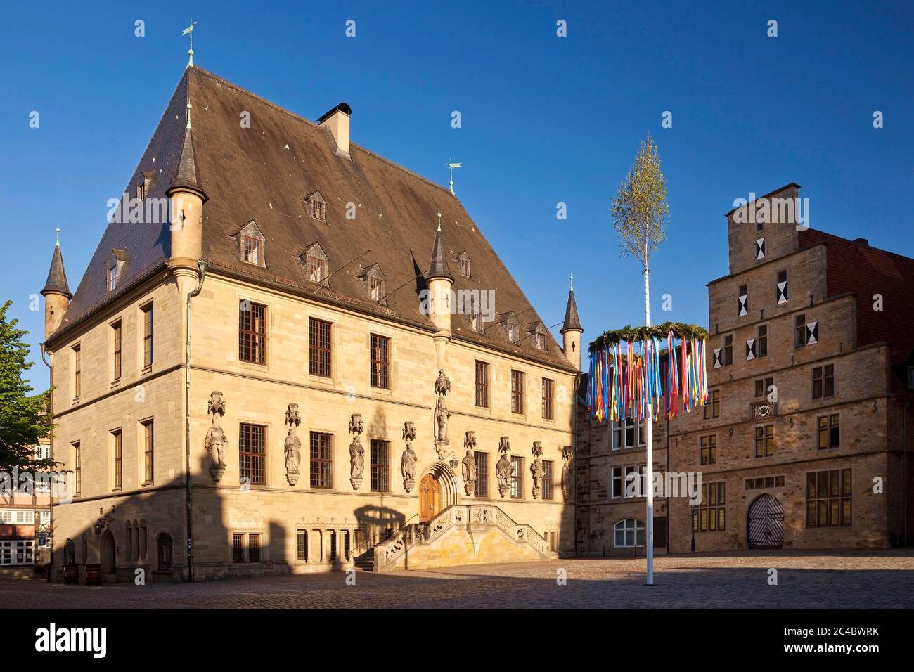 town hall, where the Peace of Westphalia was signed, maypole and weigh house, Germany, Lower Saxony, Osnabrueck Stock Photo