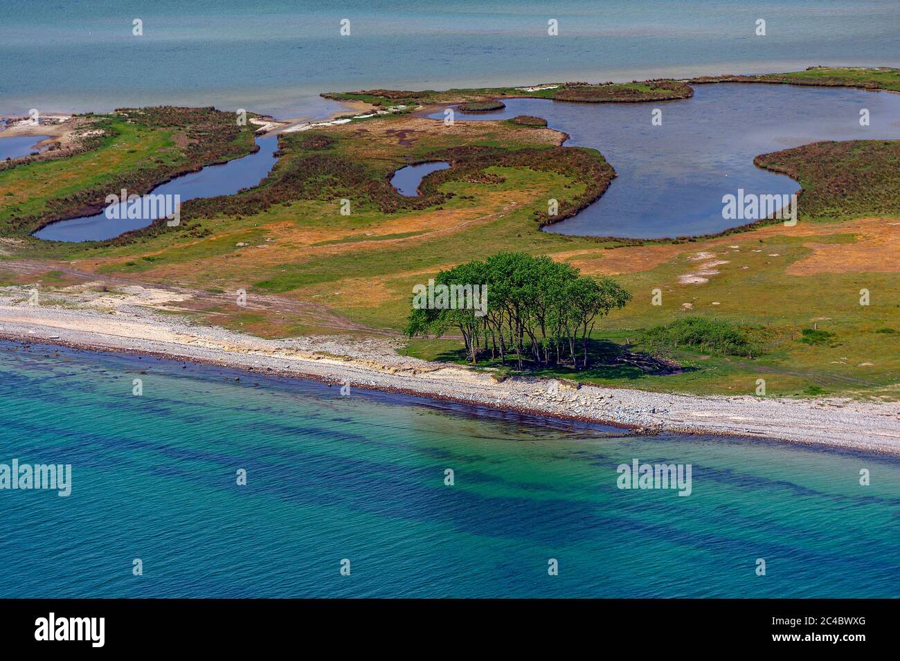 bird reserve Oehe-Schleimuende in the river Schlei, spit hook, aerial view, Germany, Schleswig-Holstein Stock Photo
