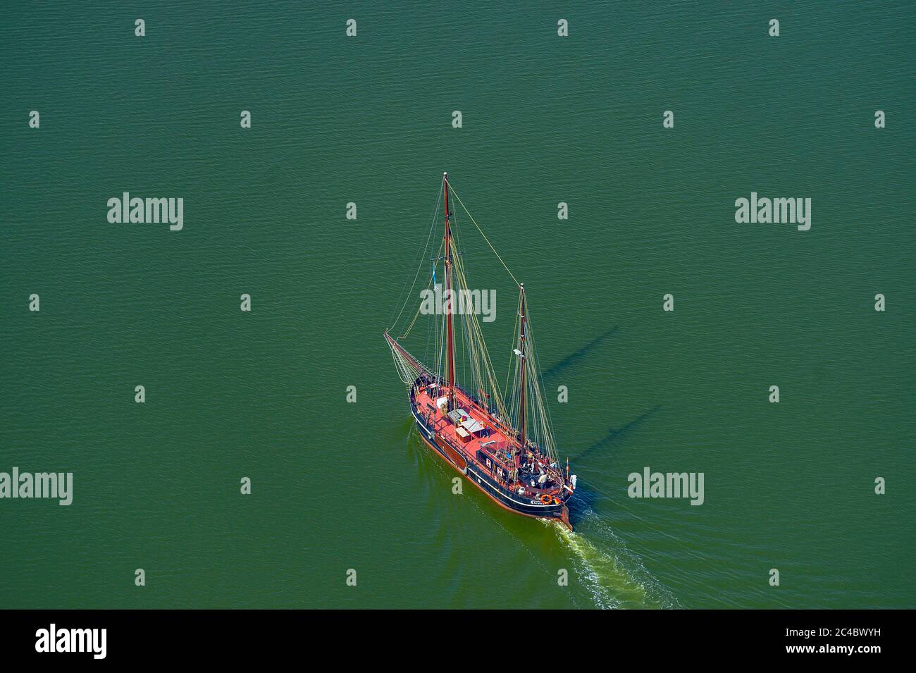 sailing ship on river Schlei, aerial view, Germany, Schleswig-Holstein Stock Photo