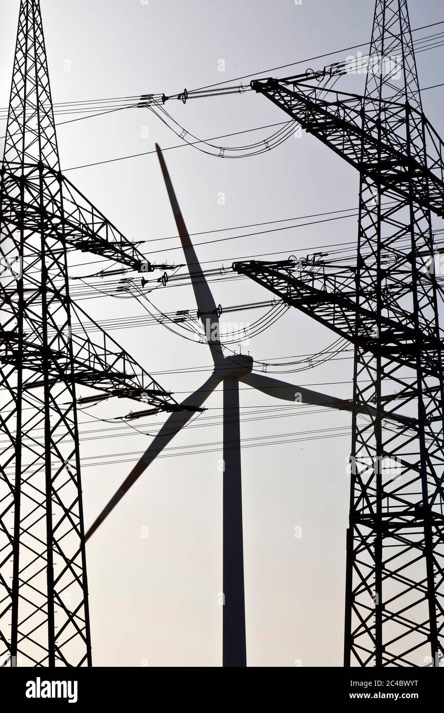 power poles and wind turbine, Germany, North Rhine-Westphalia, Ruhr Area, Witten Stock Photo
