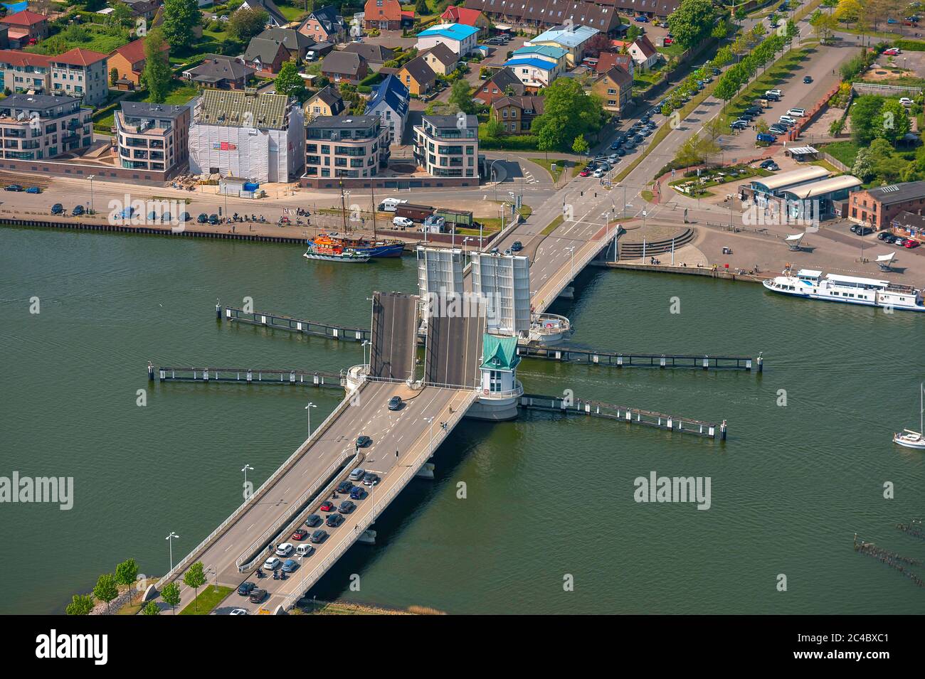 opened bascule bridge in Kalleln at the Schlei, aerial view, Germany, Schleswig-Holstein Stock Photo