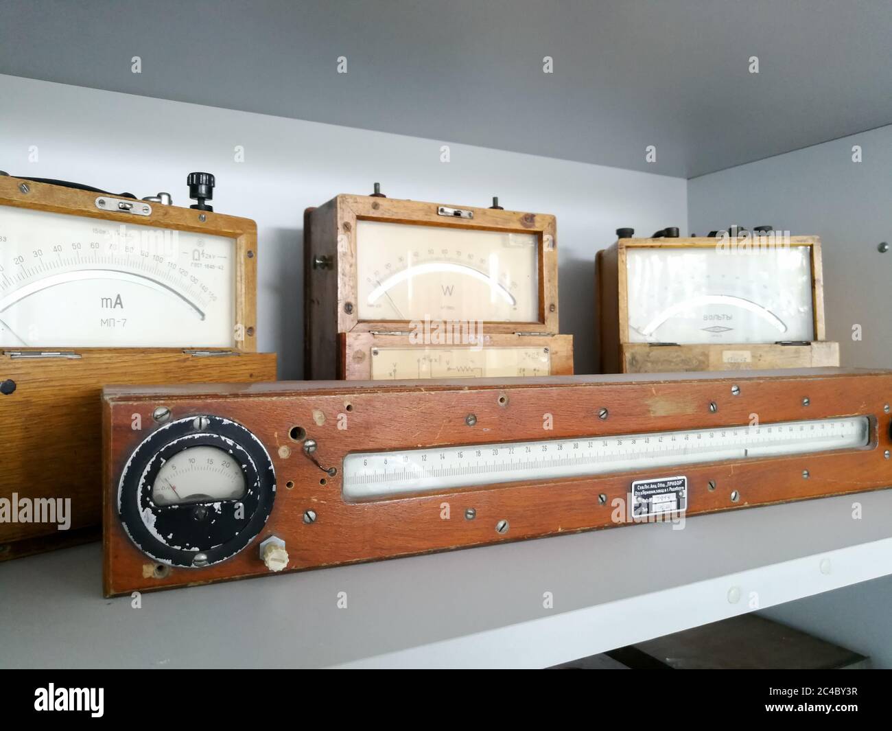 Old retro wooden case electronics measurement equipment for current