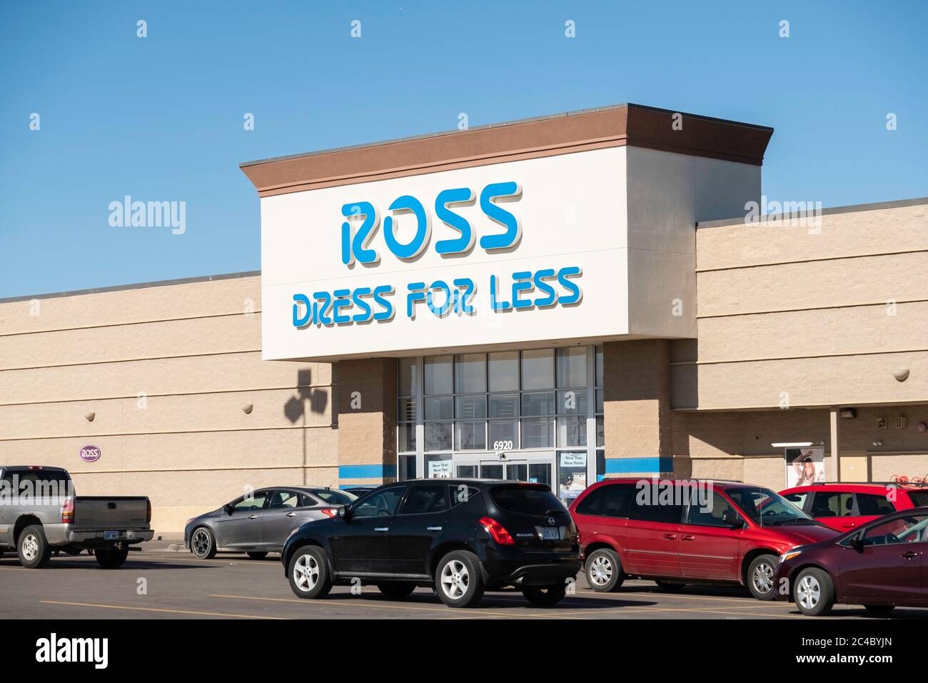 Exterior storefront and entrance of Ross Dress For Less department store, a discount store in Wichita, Kansas, USA. Stock Photo