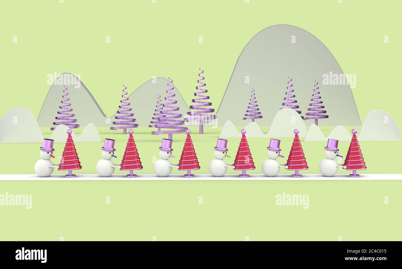 Merry Christmas postcard . Snowman whit Christmas tree . 3D rendering . 3D illustration Stock Photo