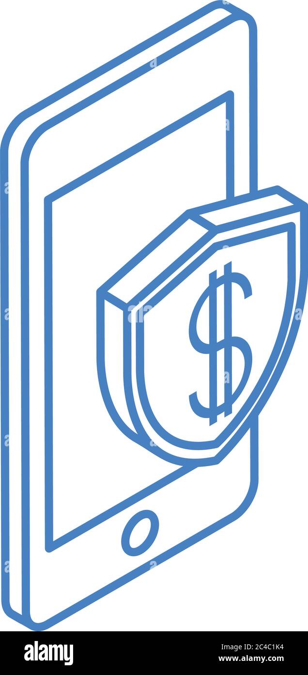 isometric money cash currency smartphone shield protection isolated on white background vector illustration linear blue icon Stock Vector